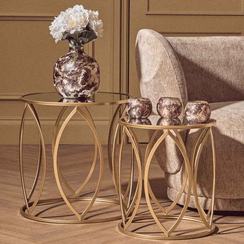 Arcana Gold Finish Set of 2 Side Tables with Mirrored Glass Top