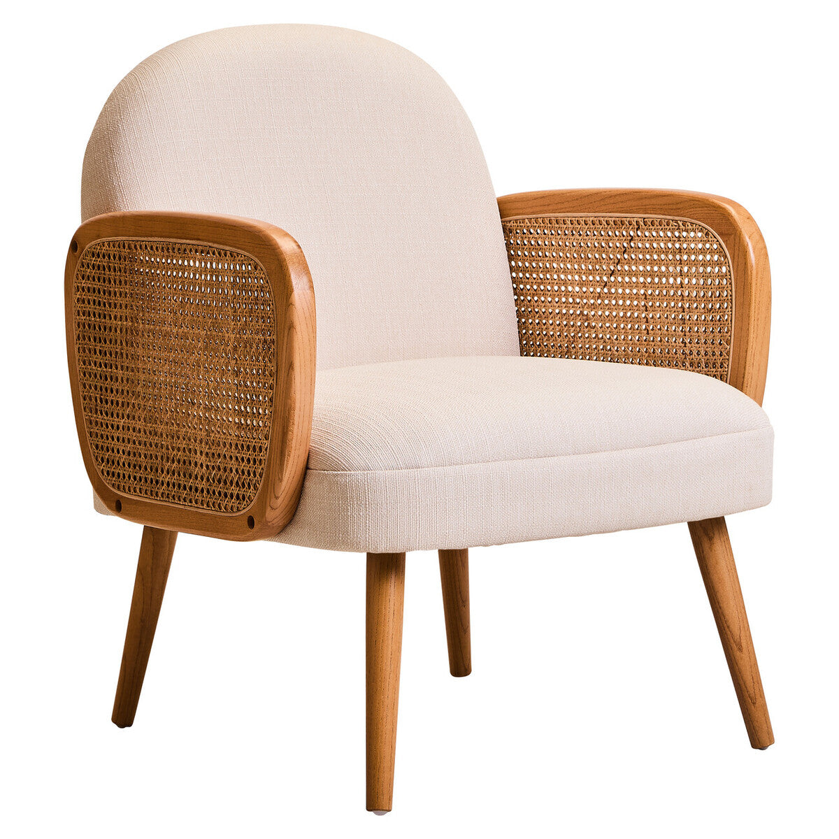 Cebu Ivory Fabric and Cane Chair with Elm Wood Legs