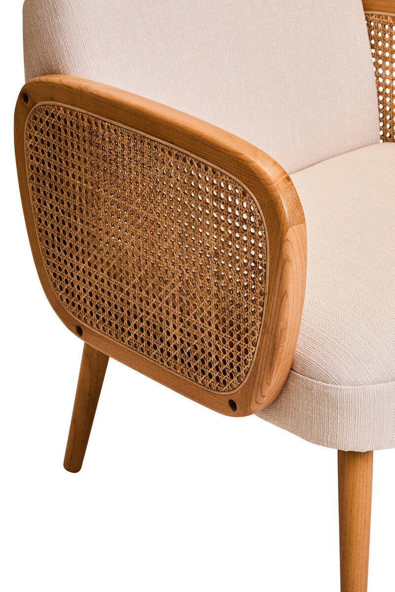 Cebu Ivory Fabric and Cane Chair with Elm Wood Legs
