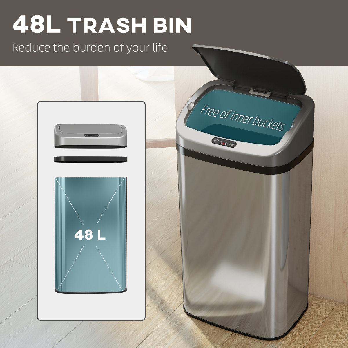 HOMCOM 48L Sensor Bin – Stainless Steel Kitchen Bin