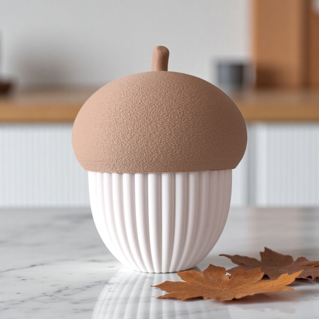 Acorn Container with LED Tealight | Modern Ribbed Autumn Decor Box & Cozy Fall Storage Bowl