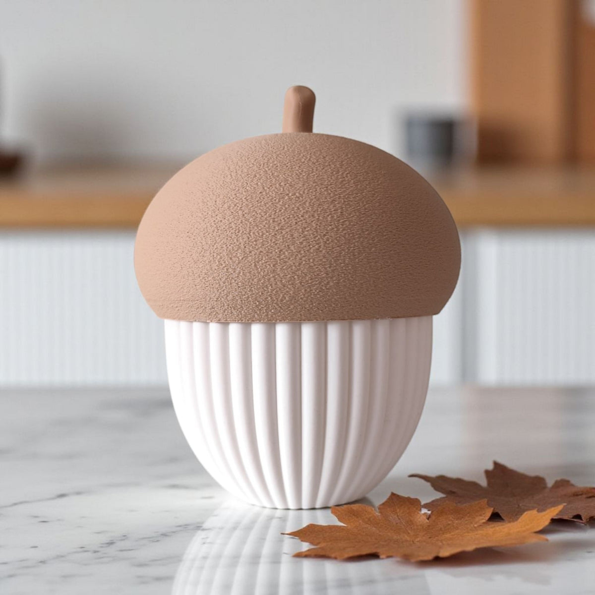 Acorn Container with LED Tealight | Modern Ribbed Autumn Decor Box & Cozy Fall Storage Bowl