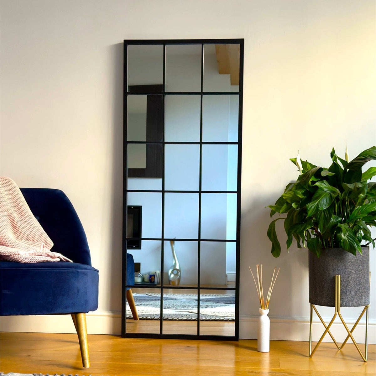 Kyō - Full Length Black Metal Rectangle Lattice Grid Mirror - 150cm x 60cm.
